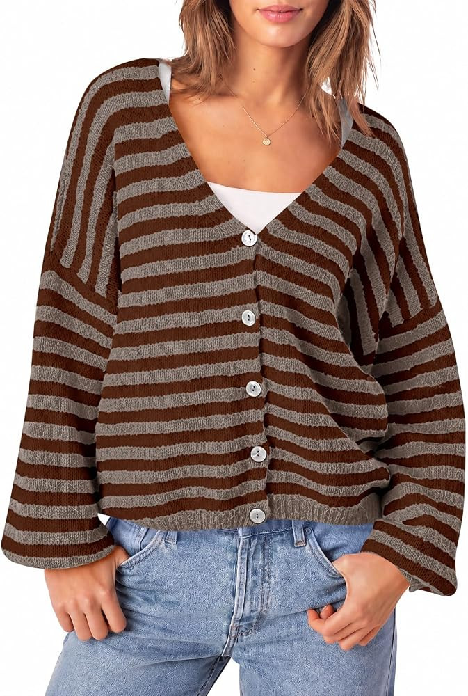 Saodimallsu Womens Oversized Striped Cardigan Fall Trendy V Neck Sweaters | Amazon (US)