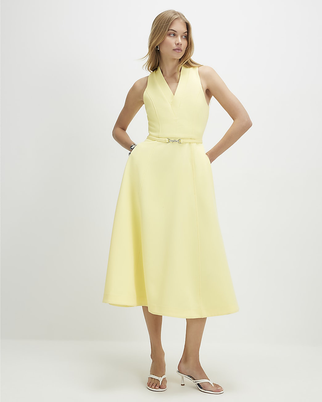 Yellow Sleeveless Belted Midi Dress | River Island UK & IE