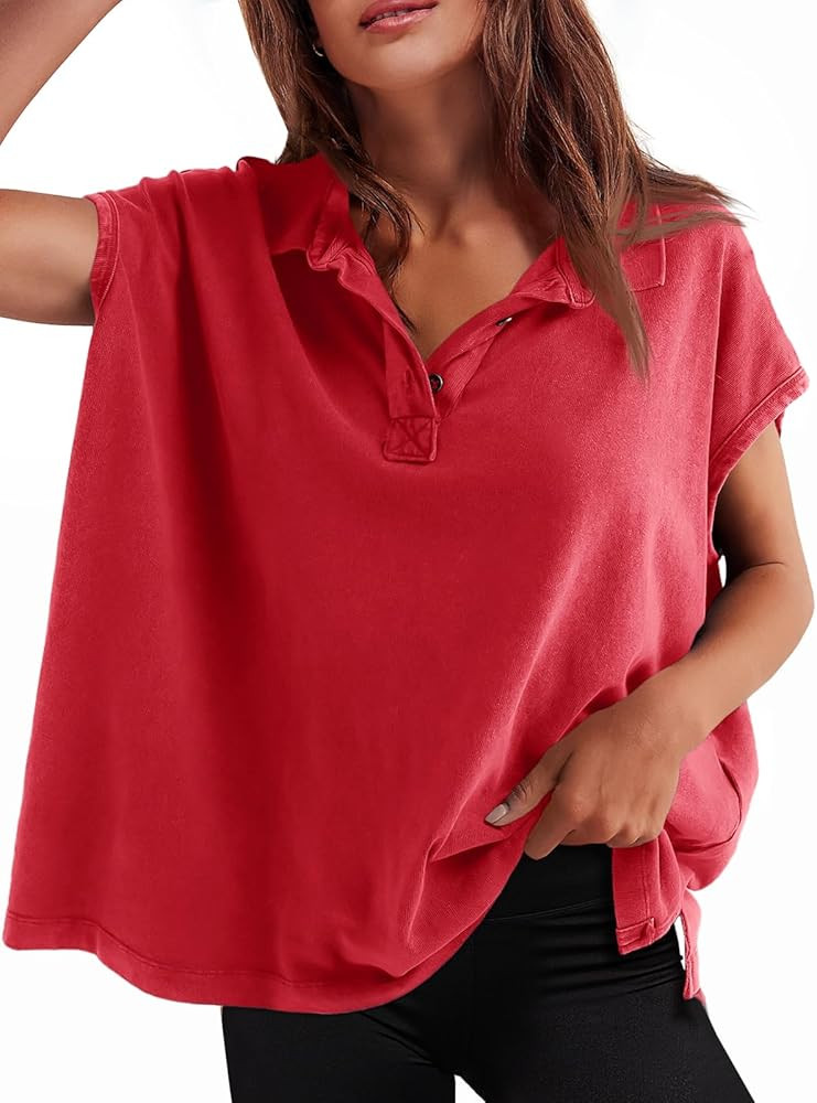 Tankaneo Womens Oversized Cap Sleeve Polo Shirts Summer Casual V Neck Tops Loose Fit Collared Cot... | Amazon (US)