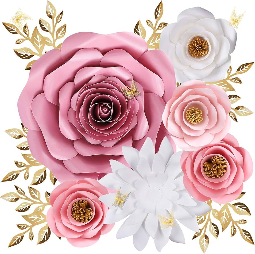 Paper Flowers Decorations for Wall, Large 3D Pink Roses Artificial Fake Flower Wall Decor with Go... | Amazon (US)