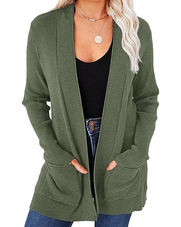 MEROKEETY Women's 2023 Fall Open Front Waffle Knit Cardigan Long Sleeve Cozy Knit Sweaters with P... | Amazon (US)