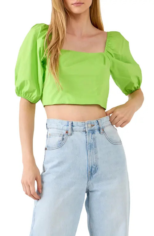 English Factory Puff Sleeve Bow Back Crop Top in Green at Nordstrom, Size Medium | Nordstrom