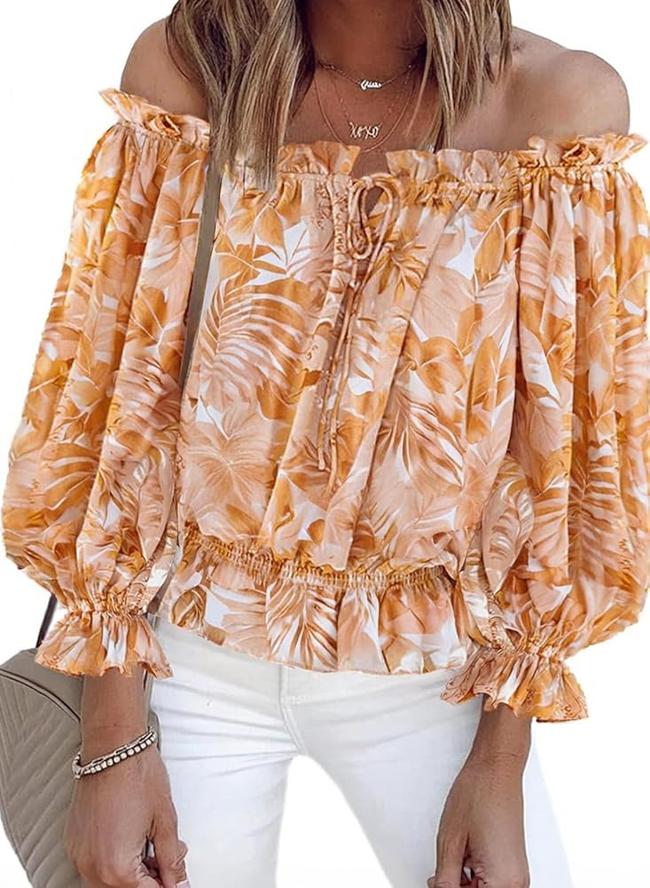 BLENCOT Summer Sexy Off Shoulder Tops for Women Boho Ruffle Sleeve Floral Chiffon Shirts Blouses | Amazon (US)