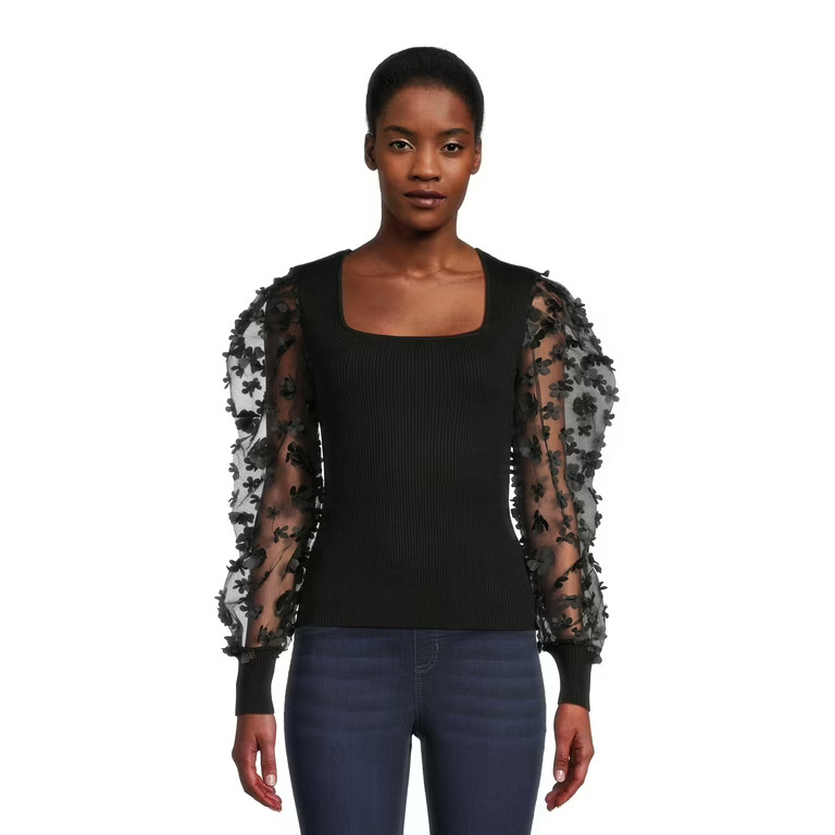No Boundaries Juniors Square Neck Top with Long Puff Sleeves, Sizes XS-3XL - Walmart.com | Walmart (US)