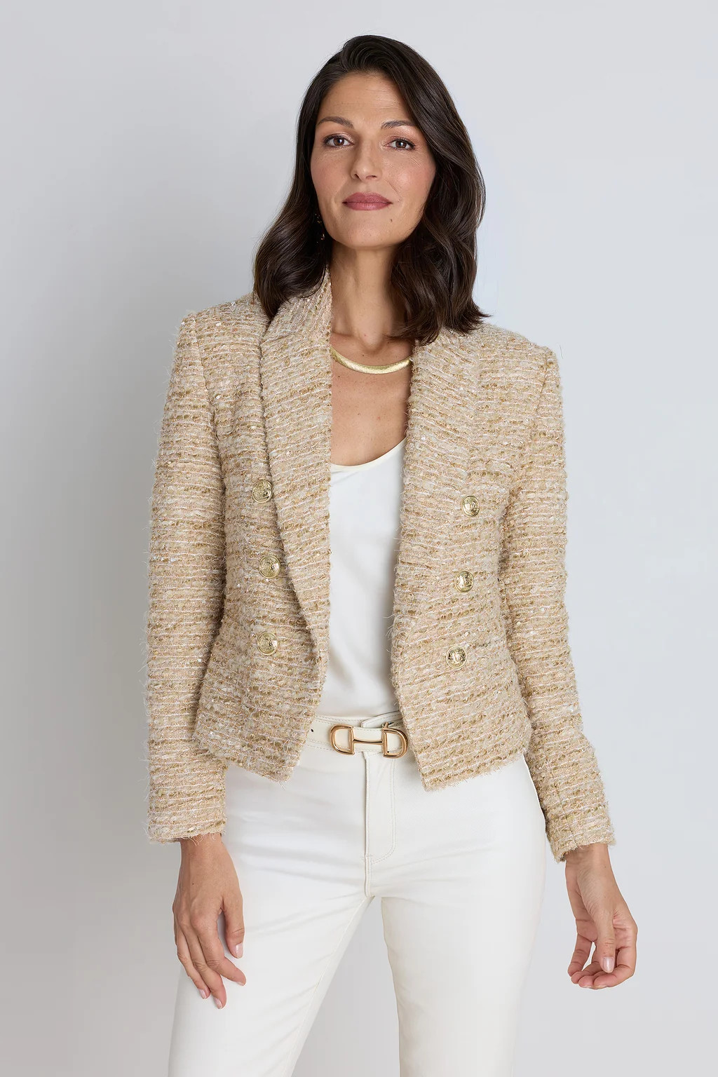Gabrielle Double Breasted Tweed Blazer - Gold Multi | The Noli Shop