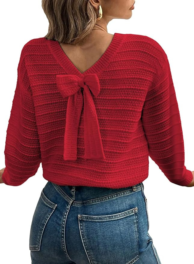 EVALESS Sweaters for Women Long Sleeve Fall Outfits 2025 Back Bow Knot Sweaters Round Neck Solid ... | Amazon (US)
