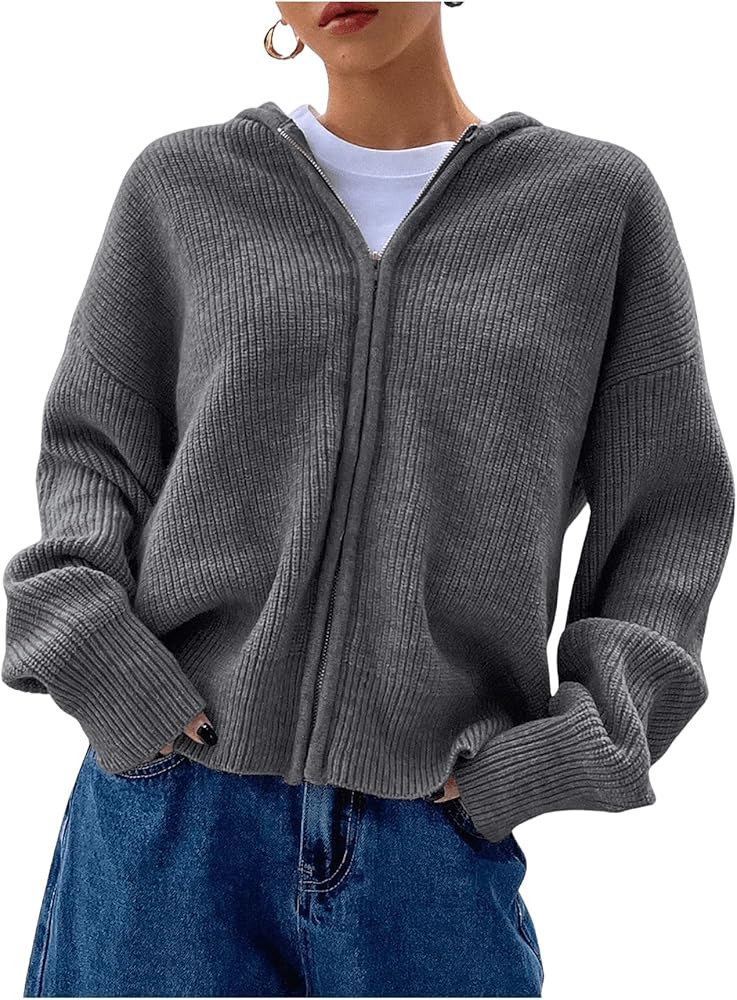 SOLY HUX Zip Up Cardigan for Women Hooded Cardigan Sweater Knitted Drop Shoulder Fall Clothes Win... | Amazon (US)