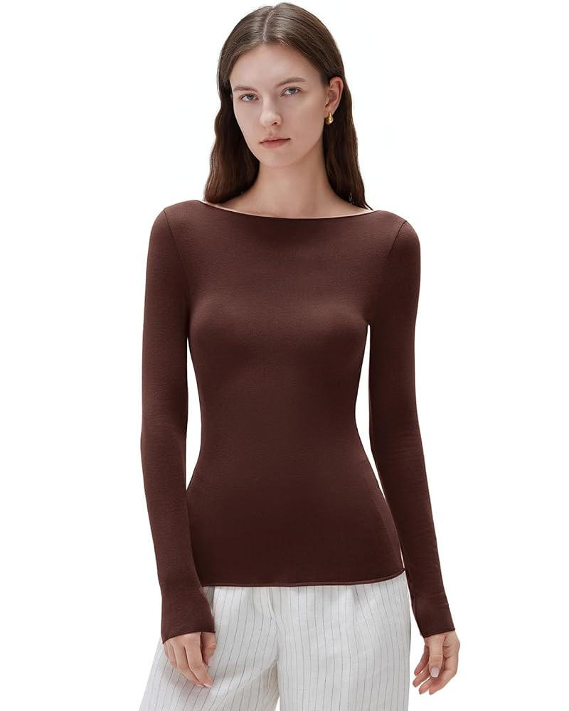 SUUKSESS Cloud Cashmere Women Boat Neck Fitted Long Sleeve Shirt Basic Knit Tops | Amazon (US)