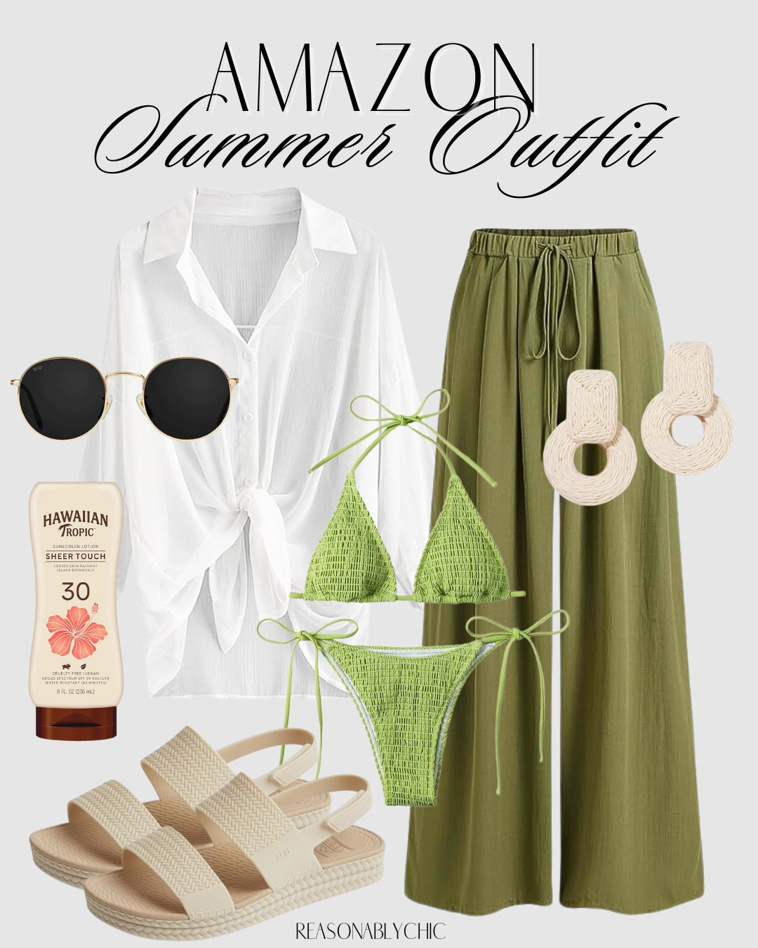 Green and Cream Summer Outfit 

Green and cream summer outfit, linen shirt, green pants, green swimsuit, cream sandals, earrings, trendy sunglasses, casual chic, light fabrics, beachwear, resort style, summer essentials, airy materials, effortless elegance, neutral tones, fashionable accessories, comfortable style, vacation ready, versatile pieces, poolside look, stylish simplicity
