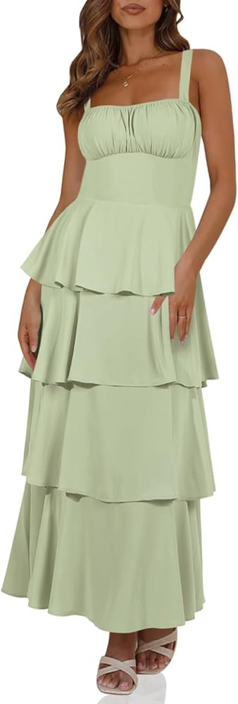 Wenrine Womens Summer Maxi Dress Spaghetti Strap Sleeveless Tie Back Flowy Tiered Casual Dresses | Amazon (US)