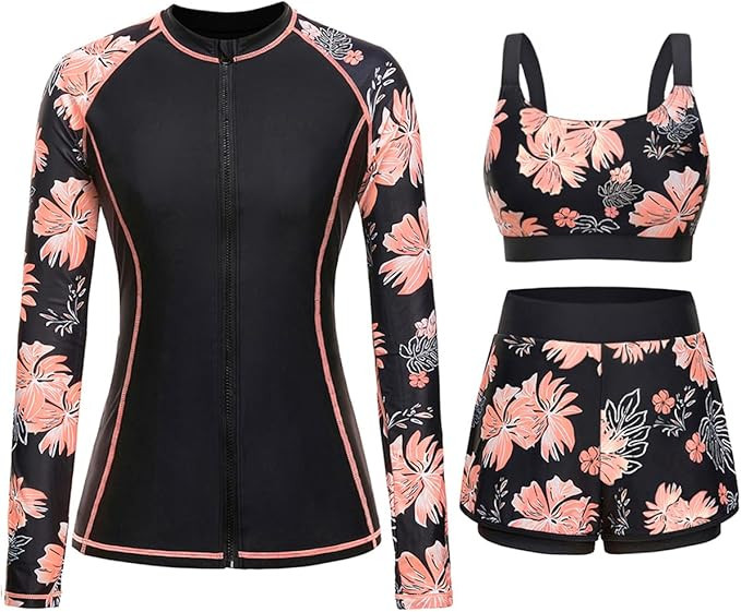 3 Piece Rash Guard for Women - Long Sleeve Swimsuits with Shorts SPF Zip up Swim Shirt with Built... | Amazon (US)