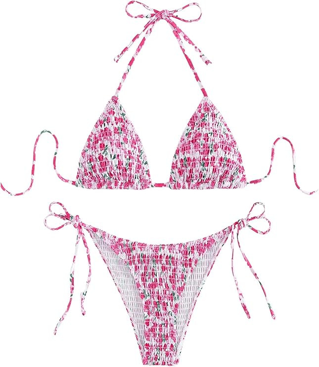 WDIRARA Women's Floral Print Smocked Triangle Bikini Set Tie Side Swimsuit Bathing Suit | Amazon (US)