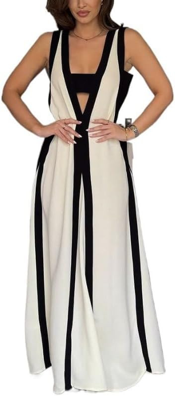 Women's 2025 Summer Sexy Maxi Dress Sleeveless V Neck Color Contrast Hollow Swing Cocktail Party ... | Amazon (US)