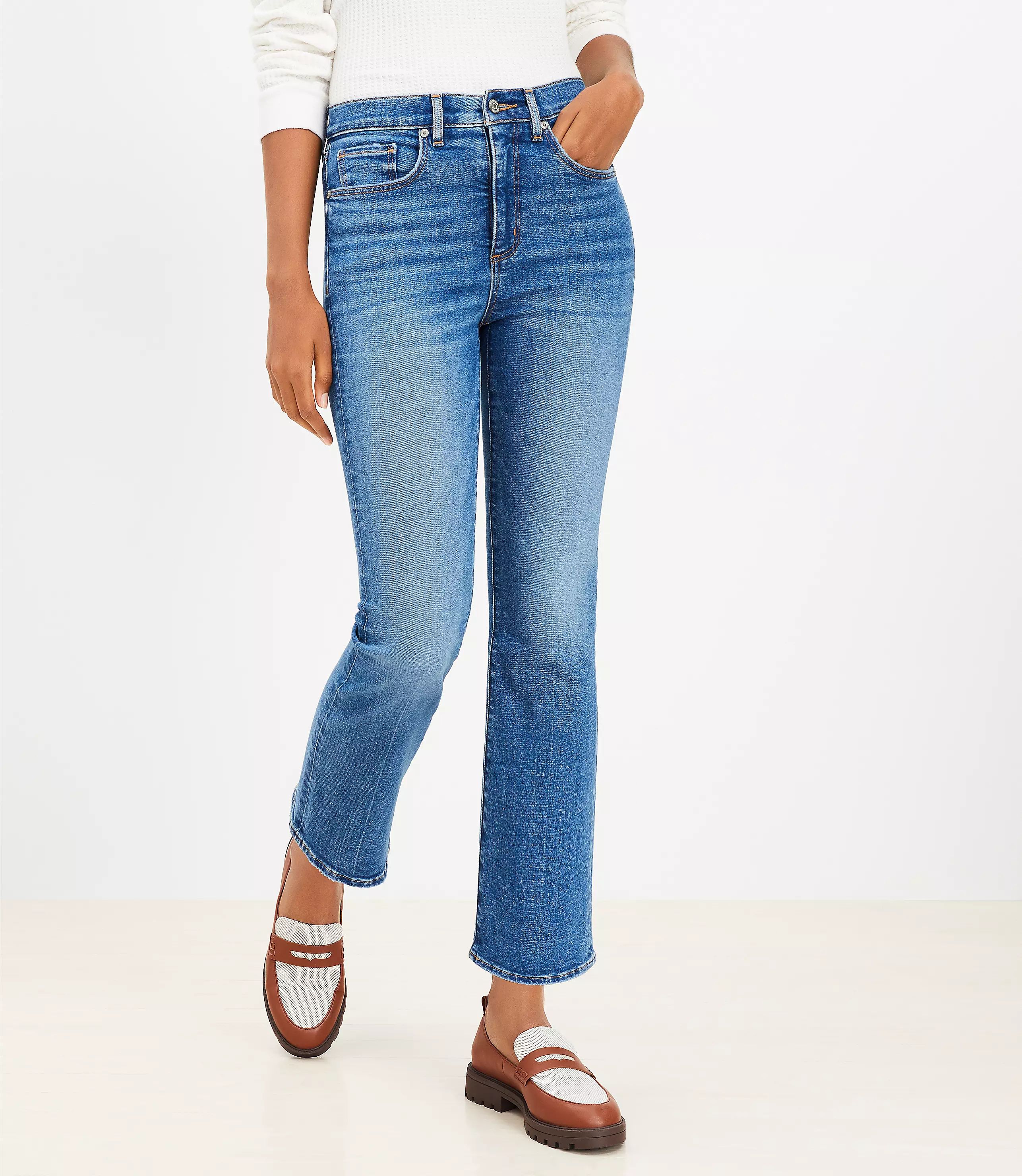 High Rise Kick Crop Jeans in Destructed Mid Stone Wash | LOFT