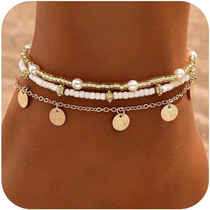 Shell Ankle Bracelet Set for Women, Gold Boho Bead Adjustable Anklet, Hawaiian Beach Seashell Pea... | Amazon (US)