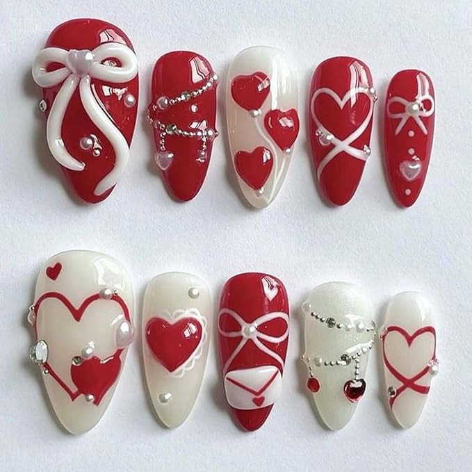 24pcs Valentine's Press On Nails Set Medium Almond Fake Nails 3D Love, Bow, Pearl & Gem Beads Rhi... | Amazon (US)