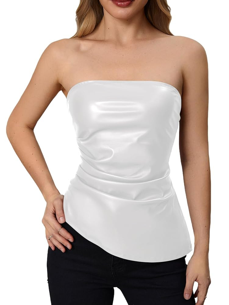 MakeMeChic Women's Faux Leather Strapless Tube Tops Asymmetrical Ruched Backless Corset Crop Goin... | Amazon (US)