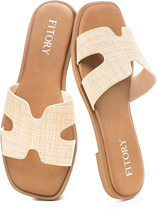 FITORY Women's Slide Sandals, Flat Fashion Square Open Toe with Cushion Slippers for Summer Beach | Amazon (US)