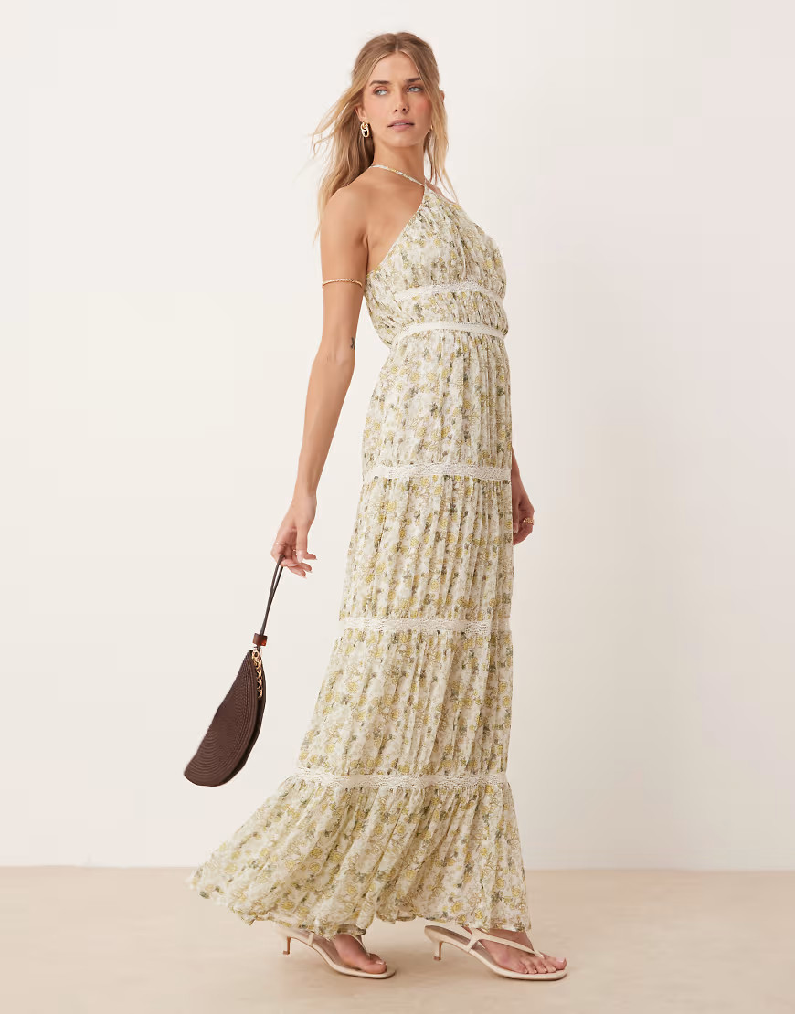 ASOS DESIGN halter maxi dress with embroidery trim in ditsy floral print-Multi | ASOS (Global)