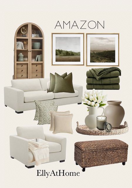 Amazon home spring living room styling. Wood arch cabinet, Neutral sofa, side chair, rattan woven chest, tray, vases, throw pillows, throw blankets, framed artwork, vases, candle, spring tulips.  Home decor accessories, free shipping. 

#LTKsalealert #LTKhome #LTKfindsunder50