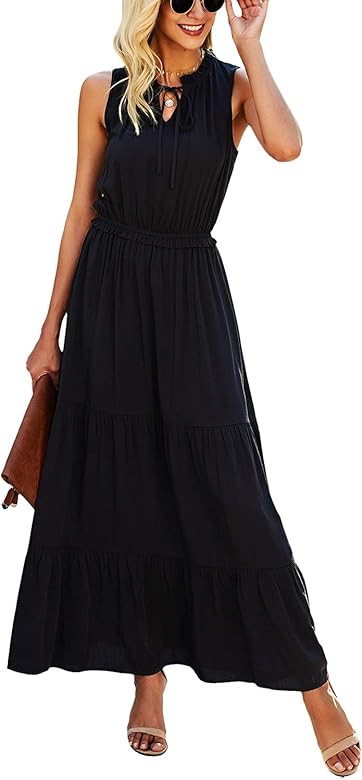 KIRUNDO 2021 Summer Women’s Sleeveless Maxi Dress Solid Color Round Neck Tie Neck Dress High Wa... | Amazon (US)