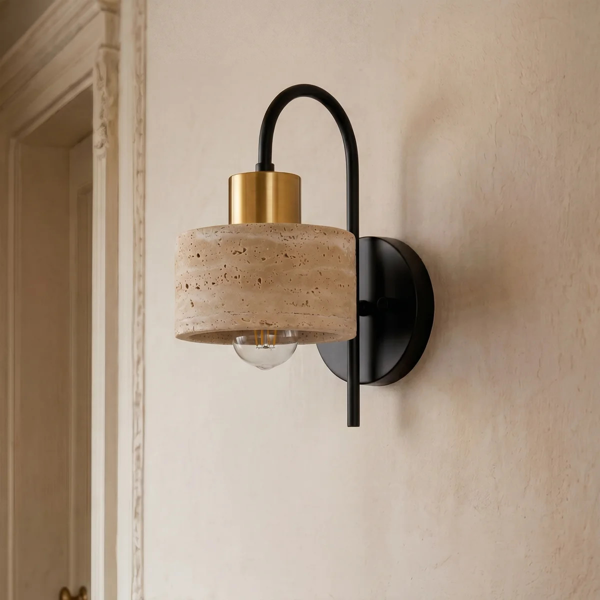 Bangor Modern Farmhouse Black & Gold 5" Column Natural Travertine Wall Sconce | Wayfair North America
