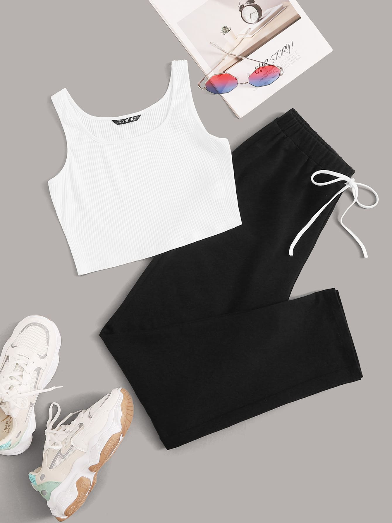 SHEIN Crop Tank Top and Tie Front Joggers Set | SHEIN