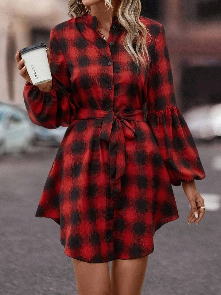 Plaid Print Lantern Sleeve Belted Shirt Dress | SHEIN