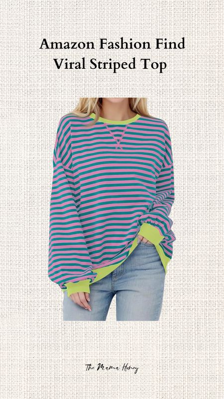 Amazon fashion find!! Viral tik tok striped top. Reminds me of something free people would have! It’s soo cute with the like green border and purple and blue stripes. Fun lounge shirt to pair with jeans or sweats  

#LTKstyletip #LTKfindsunder50 #LTKSeasonal