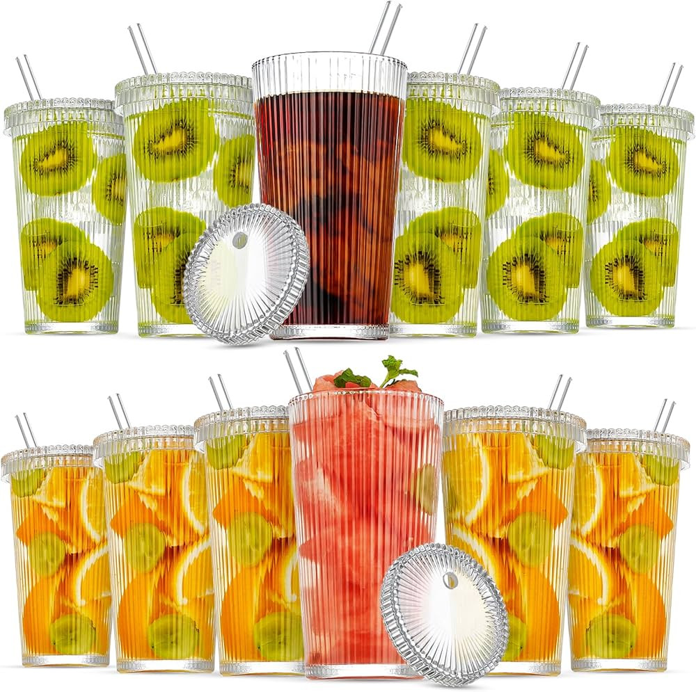 GKOKG 12 Pack Glass Cups with Lids and Straws Ribbed Tumbler Glass Cup, 14 oz glass coffee cup wi... | Amazon (US)