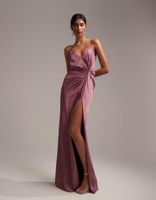 ASOS DESIGN Bridesmaid satin cami maxi dress with drape detail in orchid | ASOS (Global)