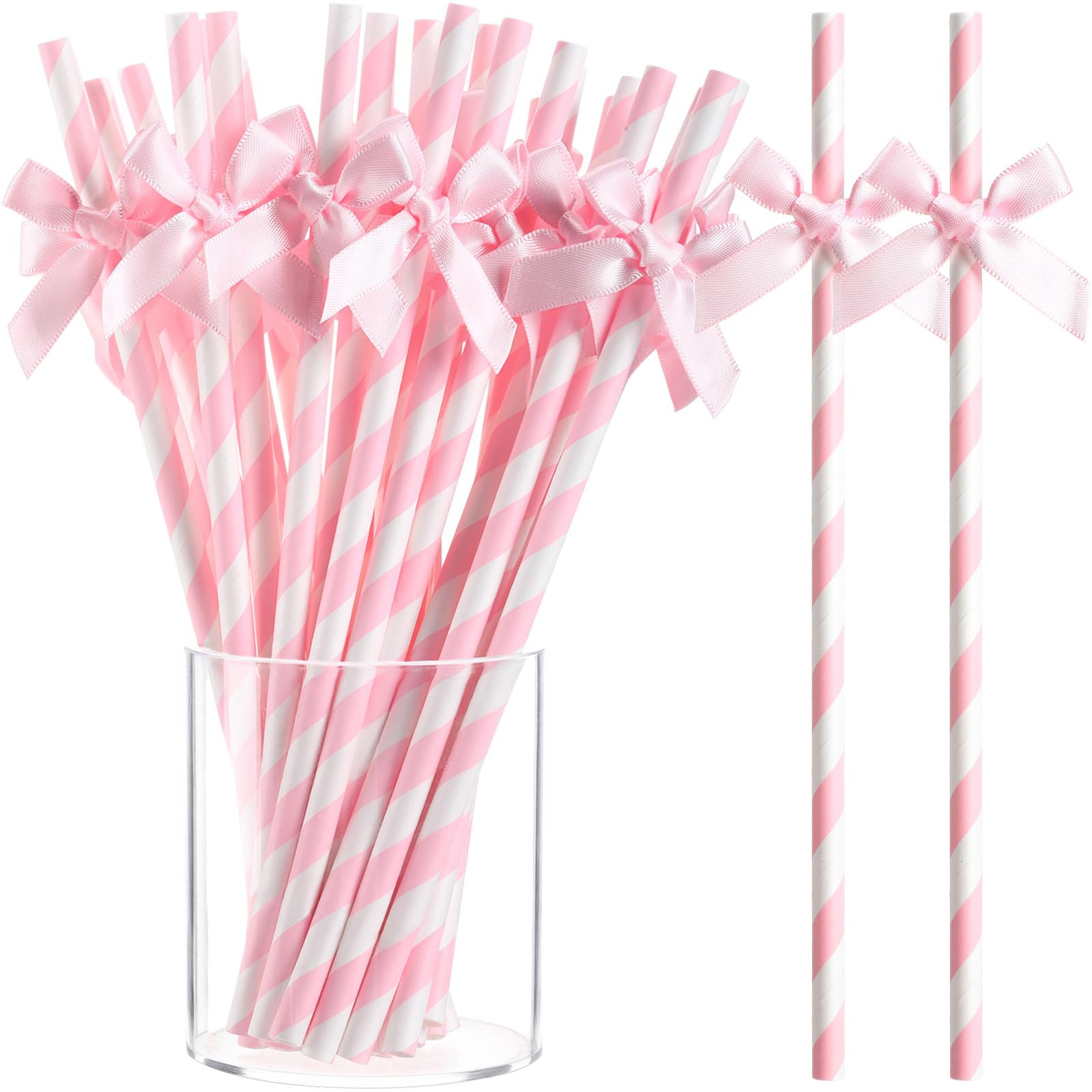 100 Pcs Valentine's Day Bow Paper Straws Bulk Pink and White Disposable Striped Straws for Drinki... | Amazon (US)