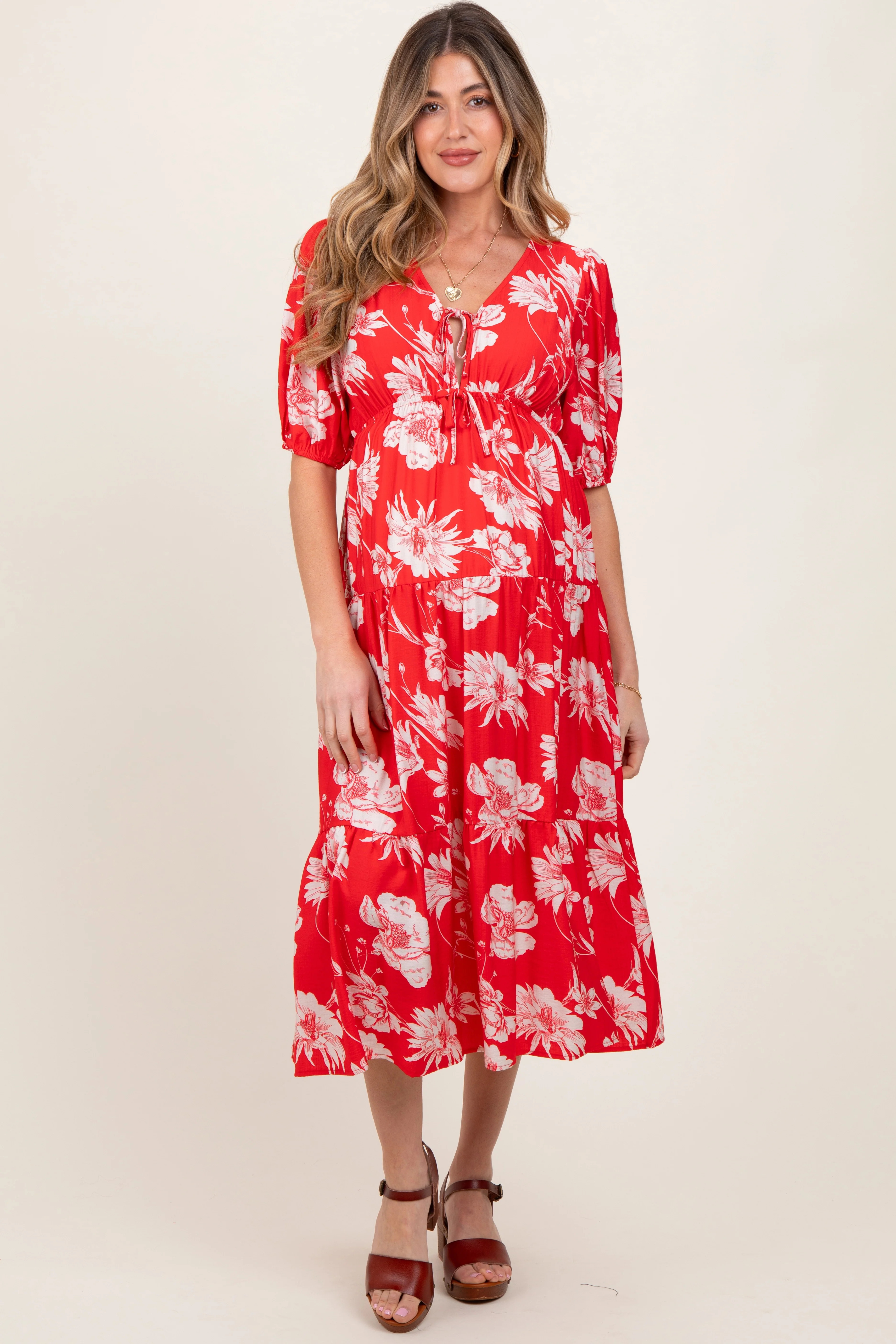 Red Floral Tie Front Tiered Maternity Midi Dress | PinkBlush Maternity