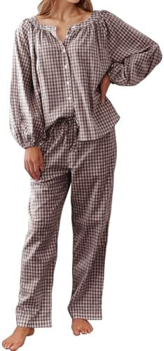 Flygo Womens Gingham Pajama Set 2 Piece Cotton Plaid Raglan Sleeve Button Top Straight Leg Pants ... | Amazon (US)