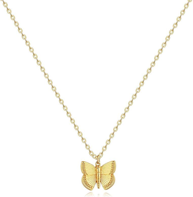 Fettero Butterfly Necklace Gold Pendant Dainty Chain 14K Gold Plated Minimalist Simple Boho Cute ... | Amazon (US)