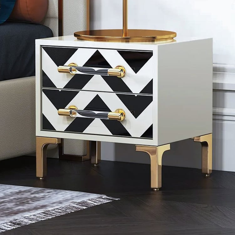 Waveo 2 Drawers Black & White Nightstand with Drawer Modern Bedside Table Gold Legs | Homary