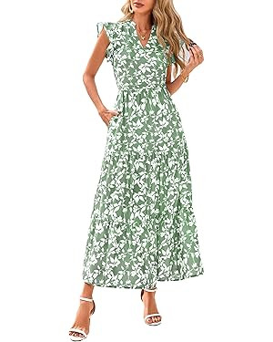 PRETTYGARDEN Women's 2025 Summer Floral Midi Dress Cap Sleeve V Neck Ruffle Long Flowy Boho Casua... | Amazon (US)