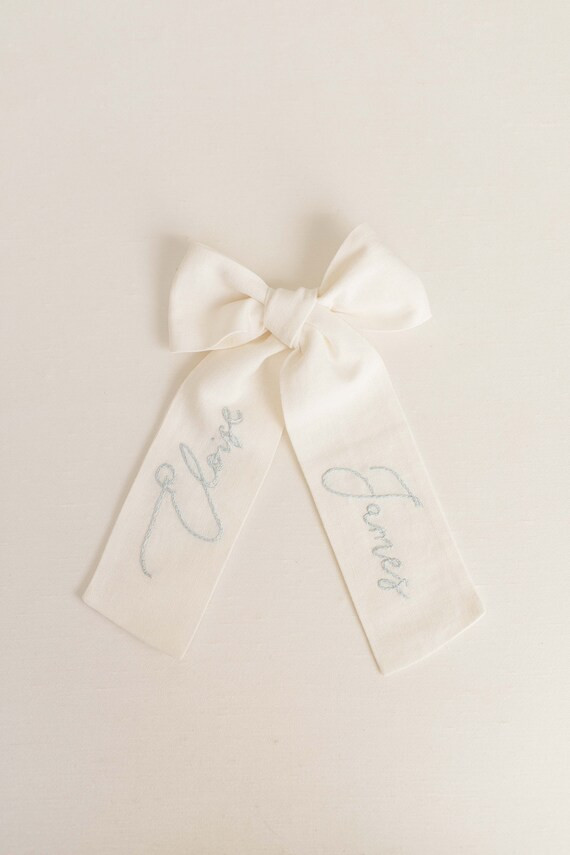 Linen Custom Name Hand Embroidered Long Bow | Etsy (US)
