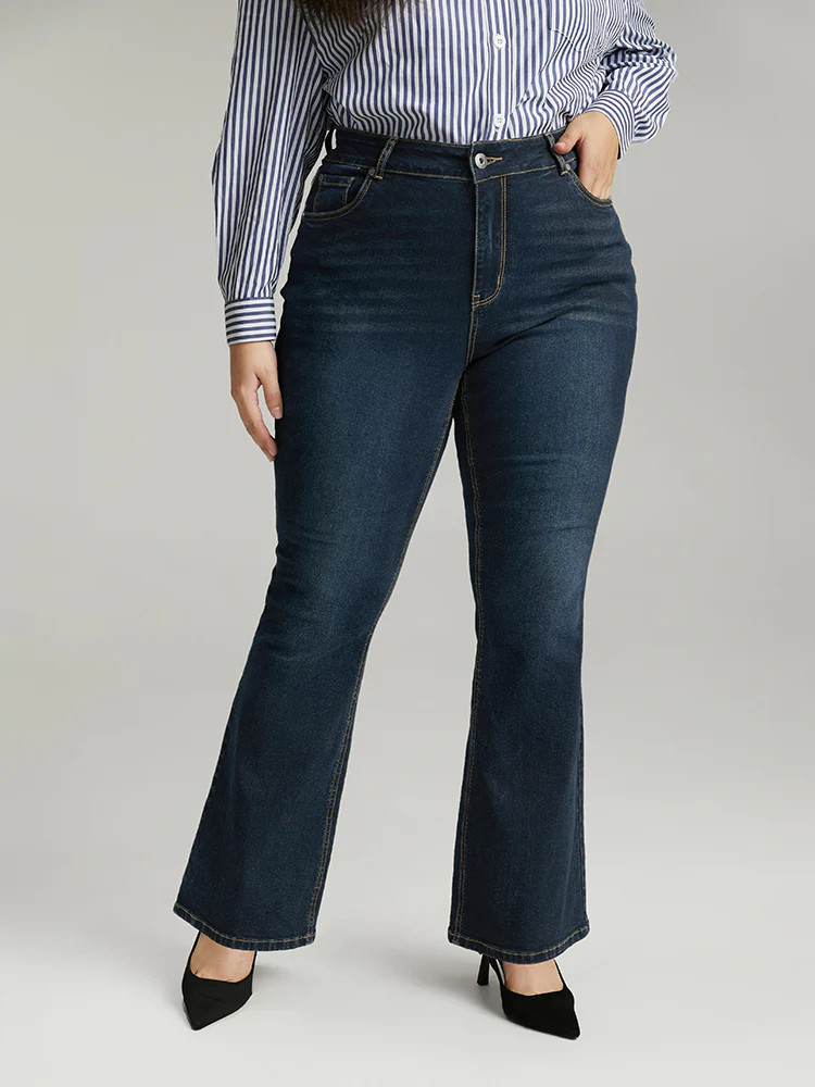 Cotton Solid Flare Leg High Rise Jeans | Bloomchic