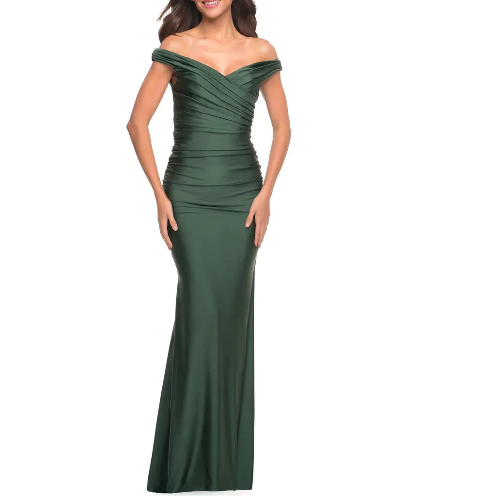 La Femme Off the Shoulder Prom Dress with Ruching in Dark Emerald at Nordstrom, Size 00 | Nordstrom