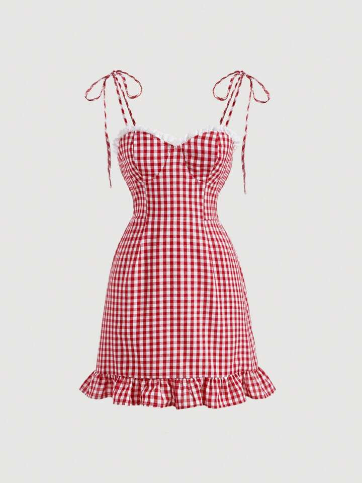 SHEIN MOD Gingham Print Tie Shoulder Ruffle Hem Cami Dress | SHEIN