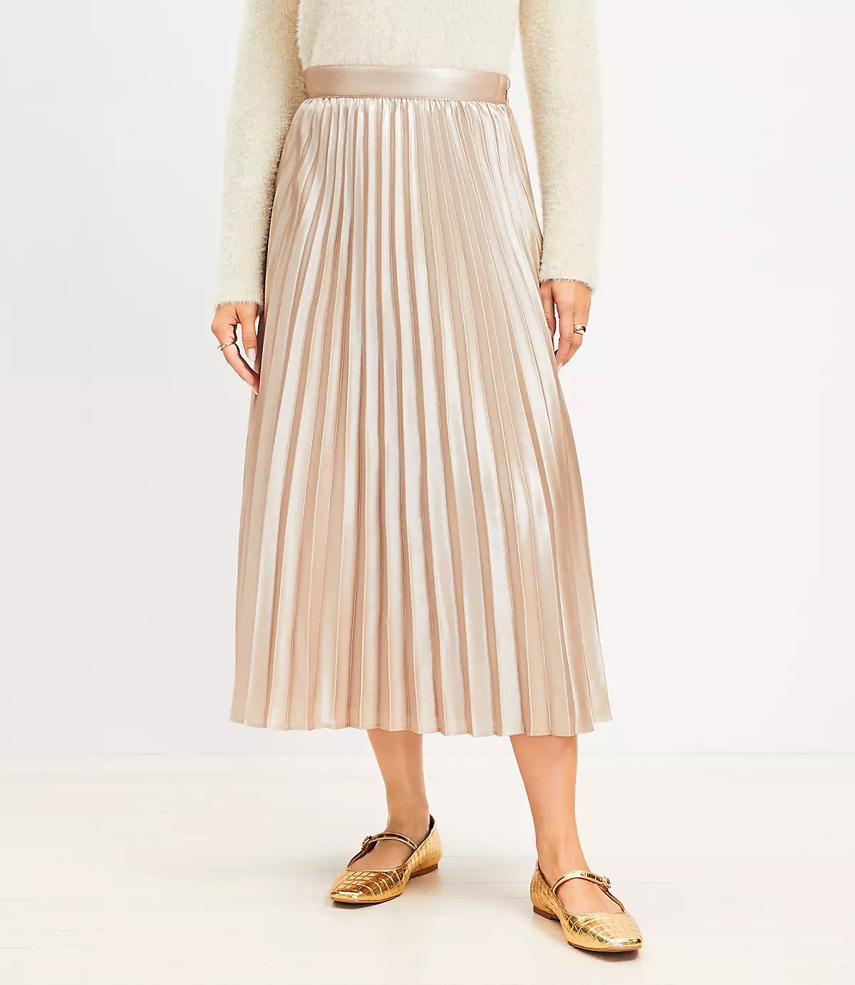 Foiled Satin Pleated Midi Skirt | LOFT