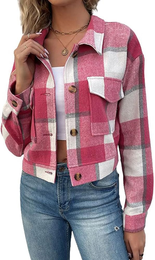 utcoco Womens Cropped Plaid Shacket Jacket Button Down Long Sleeve Flannel Shirts 2024 Fall Coat ... | Amazon (US)
