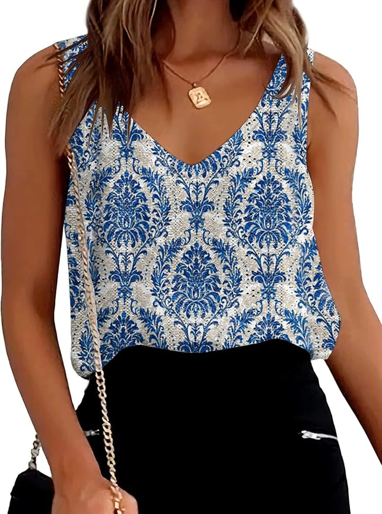Eyelet Tank Tops for Women Sleeveless Shirts V Neck Cute Summer Top Loose Fit | Amazon (US)