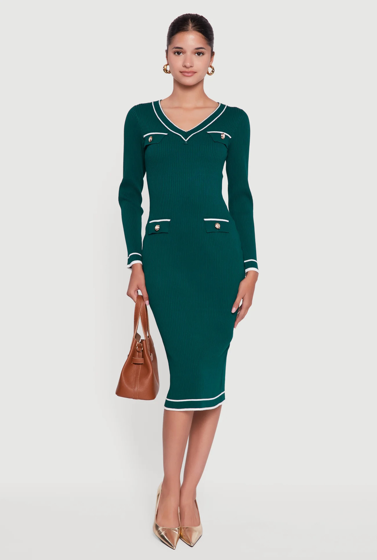 Contrast Trim Pocket Detail Long Sleeve Sweater Dress | Rainbow Shops