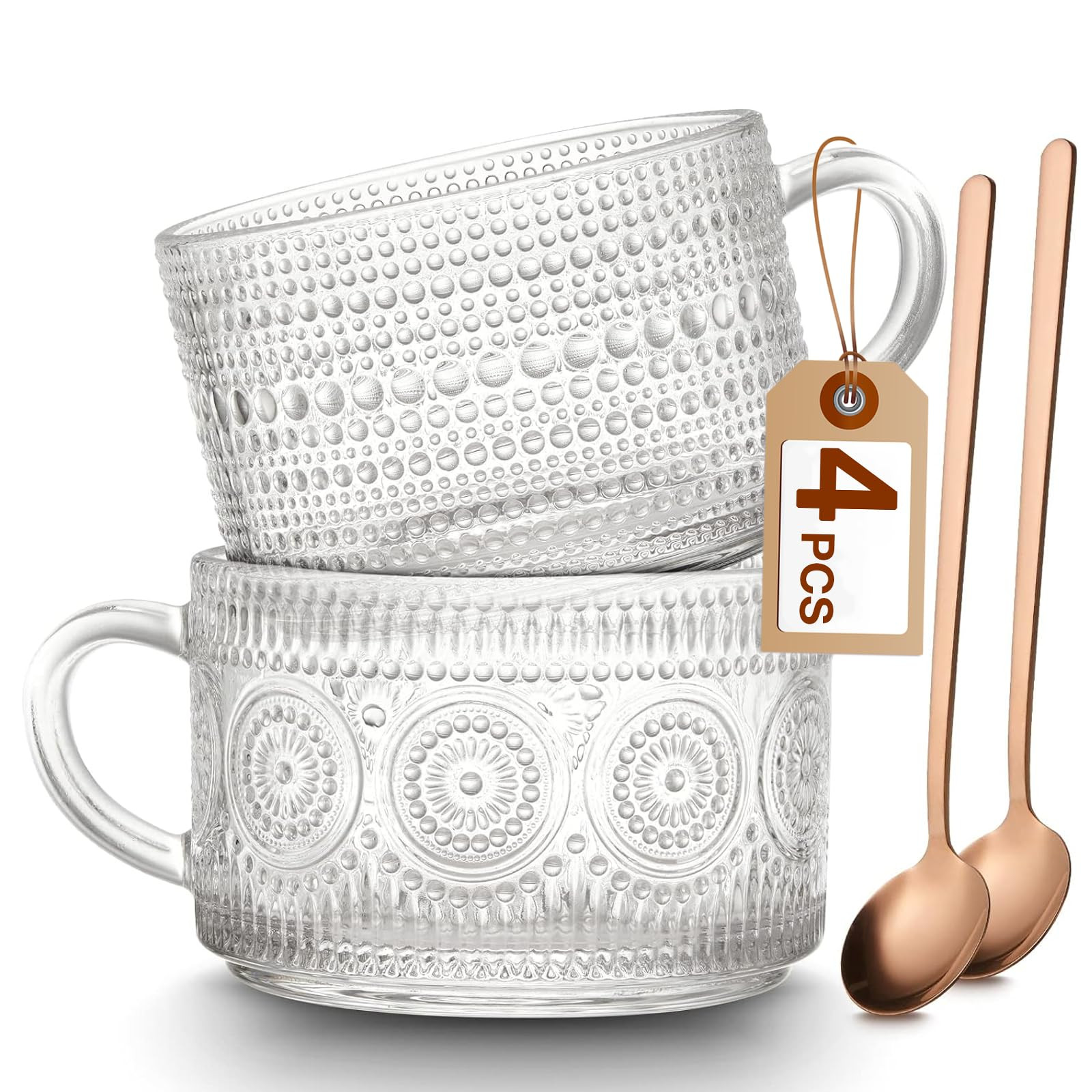 Mfacoy Vintage Coffee Mugs Set of 2, 14 oz Embossed Glass Cups with Handle, Clear Cups for Cappuc... | Amazon (US)