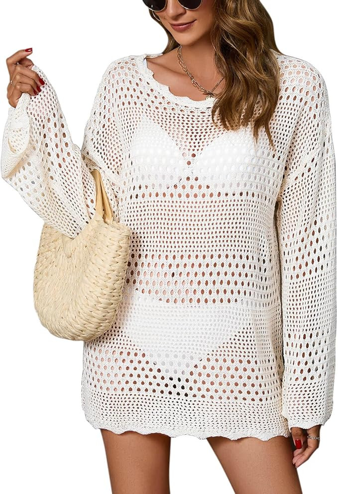 Cogild Beach Cover Ups, Bathing Suit Cover Up For Women Crochet Long Sleeve Hollow Out Shirt Dres... | Amazon (US)