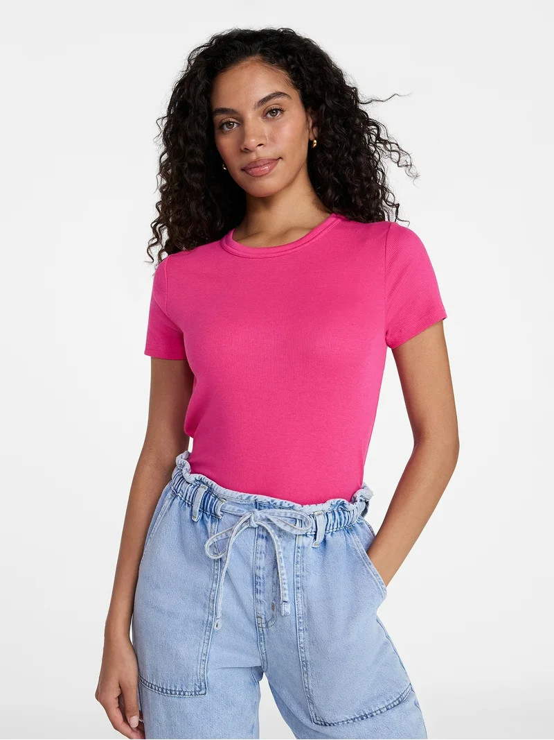 Time and Tru Women's Ribbed Tee with Short Sleeves, Sizes XS-XXXL | Walmart (US)