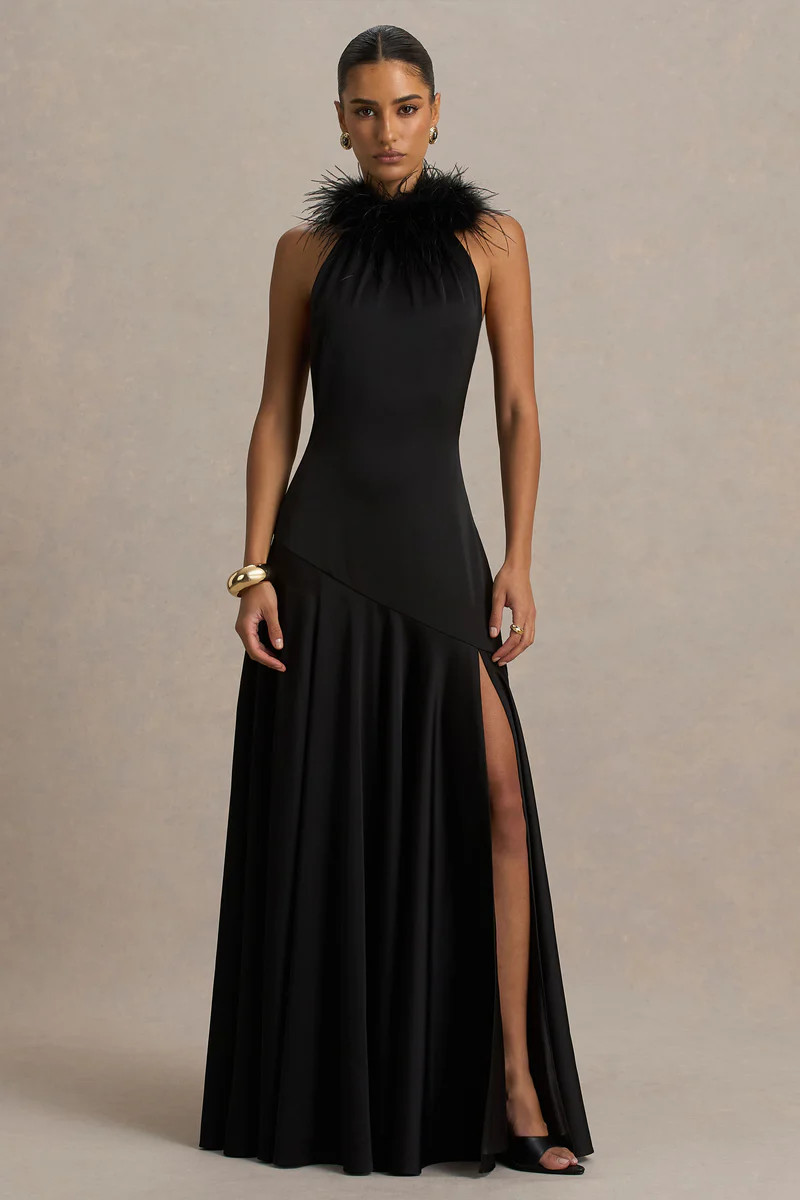 Jemima  Black Satin Halter-Neck Maxi Dress With Feather Trim | Club L London