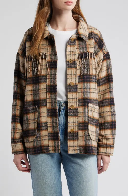 Thread & Supply Fringe Plaid Shacket in Cream Navy Plaid at Nordstrom, Size X-Large | Nordstrom